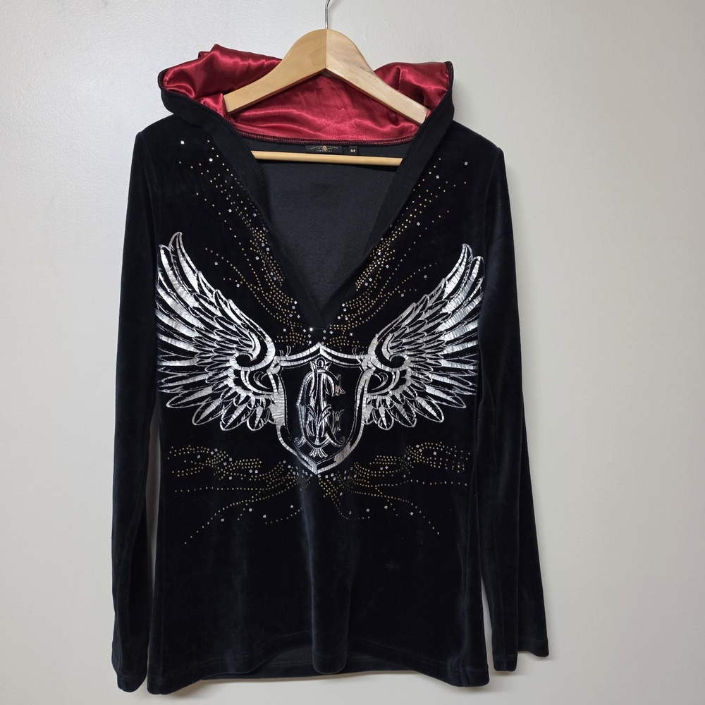 Christian Audigier LA Black Velour & Gold Womens Hoodie Sz Med Crown Studs Y2K